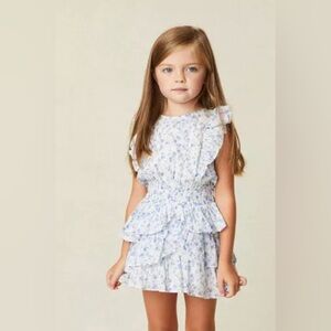 LoveShackFancy Girls White and Light Blue Floral Ruffle Dress